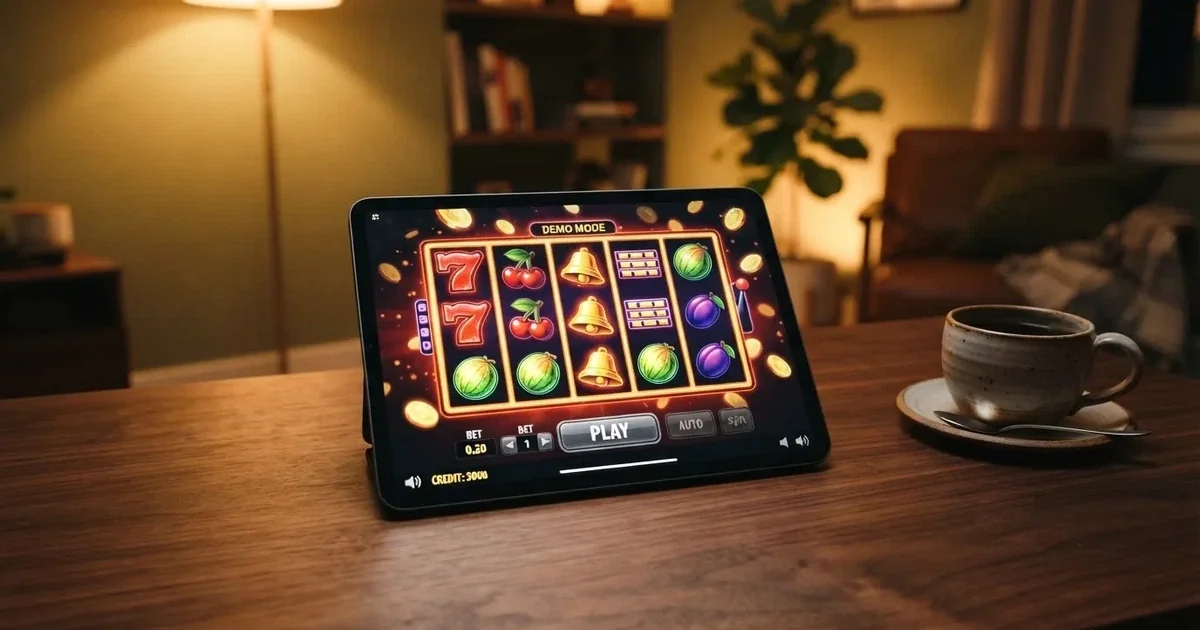 Un écran de tablette affichant une grille de symboles de machine à sous en mode démonstration.