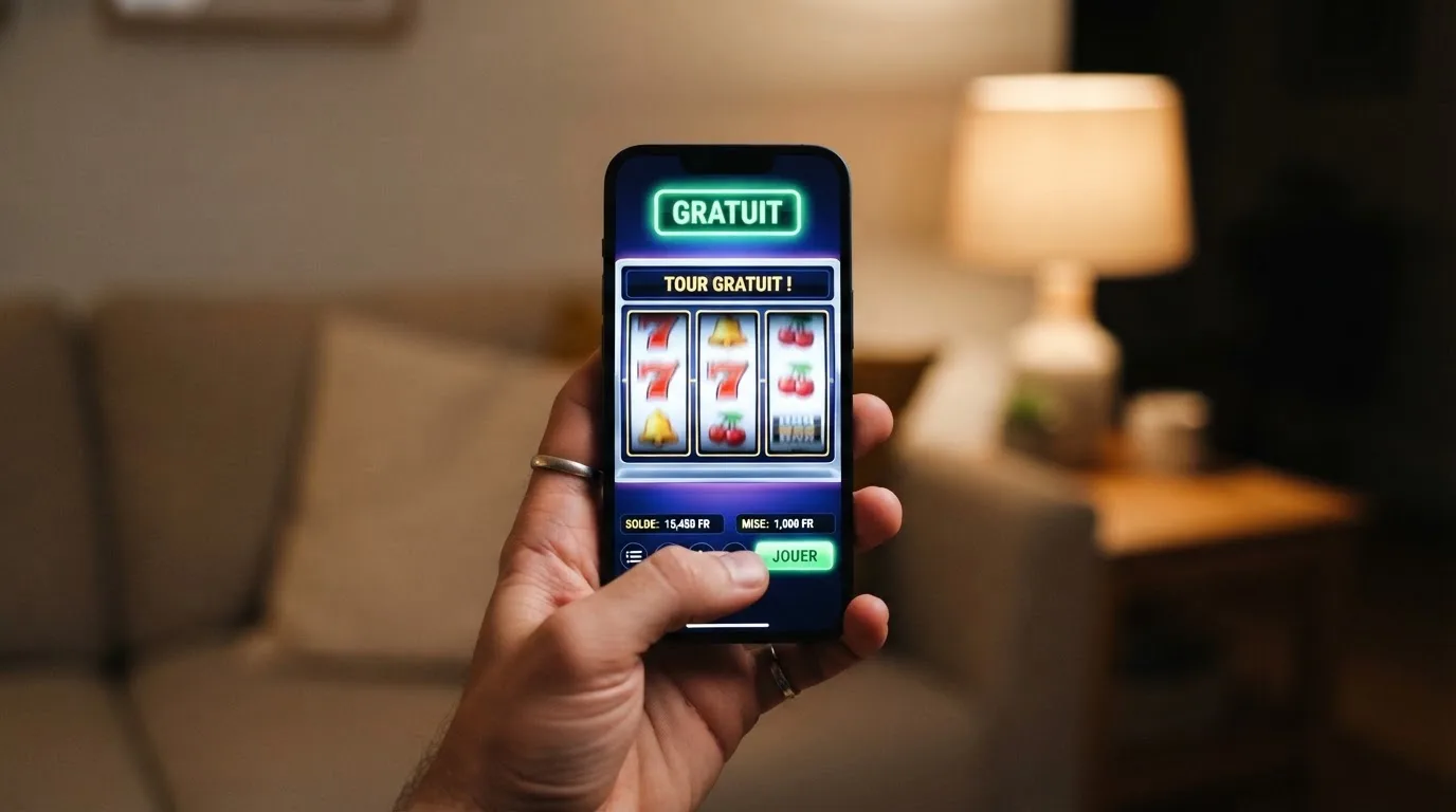 Une main tenant un smartphone affichant un jeu de casino en mode gratuit.