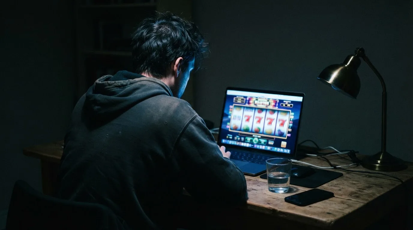 Une personne consultant seule un écran d'ordinateur tard le soir, dans une pièce sombre.
